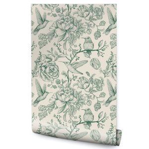 Papel Pintado Flores Hojas Pájaros Plantas Naturaleza Tejido 53cm x 10m