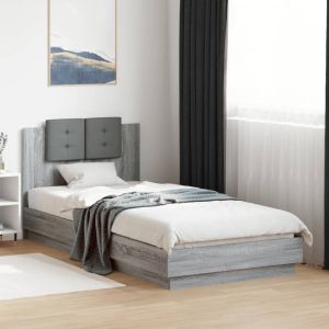 Cama cabecero luces LED gris sonoma 90x200 cm reg1003