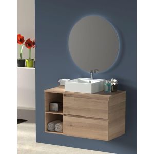 Mueble zeus con lavabo y espejo redondo LED blanco brillo 80 cm izquierda