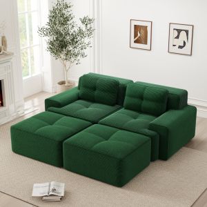 Sofá modular en u pana verde 2 plazas otomana asiento profundo