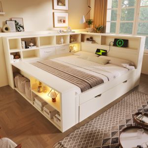 Cama con almacenaje 140x200 cm con carga usb y tipo c madera blanco