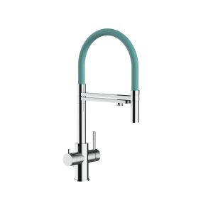 Grifo cocina 5 vías acero inox ducha 2 chorros amovible, pulido / turquesa
