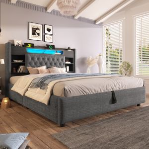 Cama tapizada 180x200 cm con canapé, LED, usb y estantería lino