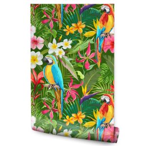 Papel Pintado Dormitorio Con Periquitos Flores Tropicales Hojas 53cm x 10m