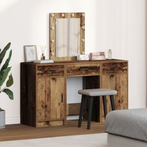 Set de tocador de 3 piezas con LED de madera envejecida oif611587
