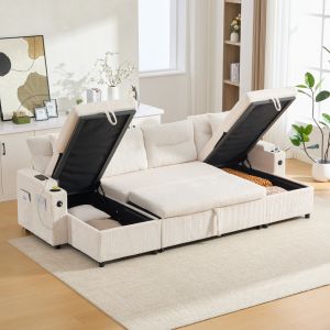 Sofá en u pana beige 4 plazas con doble chaise longue y usb