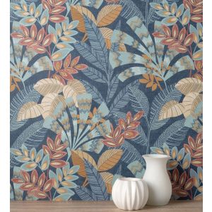 Papel pintado gaulan  de hojas étnicas  azul con texturas estilo 5.23m²