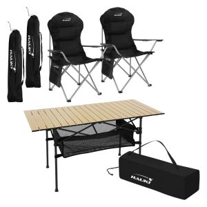 Muebles de camping mesa y 2 sillas negras plegables mobiliario acampada