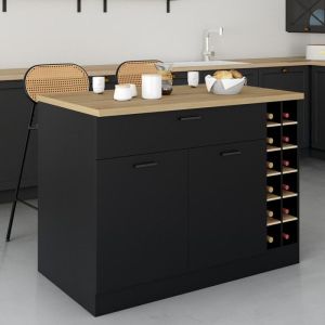 Isla central de cocina negra con botellero - 120 cm