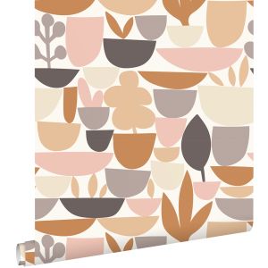 Estahome papel pintado cerámica y plantas marrón y rosa 50 x 900 cm