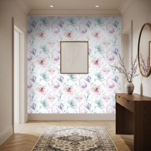 Papel floral elegante flores suaves en  pastel fondo blanco 60cm por 300cm