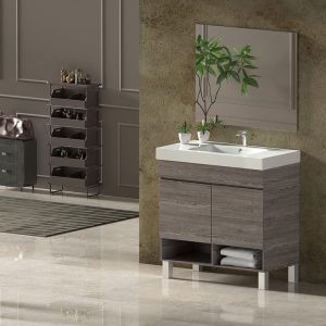 Mueble de baño nebari con lavabo y espejo 80x40cm con puertas roble smoky