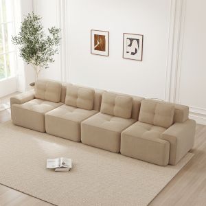Sofá modular de pana beige 4 plazas asiento profundo sin montaje