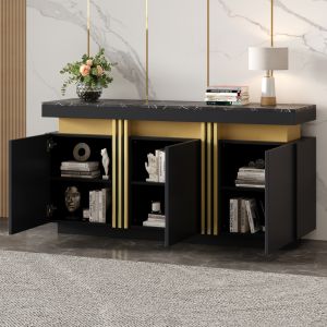Aparador para salón 3 puertas negro con detalles dorados 70x140x38cm