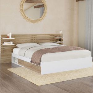 Cama doble con doble almacenamiento blanca de madera - 160 x 200 cm