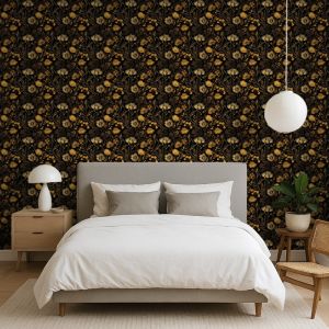 Papel floral diseño elegante flores amarillas fondo negro 60cm por 300cm
