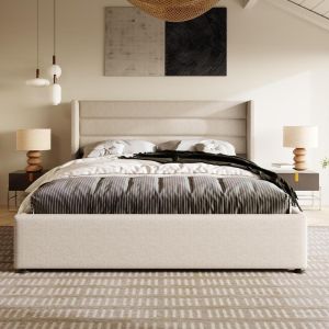 Cama doble 140x200 cm con somier hidráulico, beige