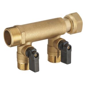Colector con tuerca libre hembra - macho 3/4 - 2 salidas con válvulas 1/2