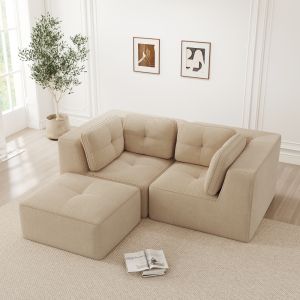 Sofá modular en l de pana beige 2 plazas con reposapiés móvil sin montaje