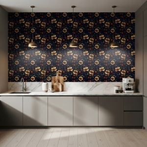 Papel floral diseño elegante flores amarillo fondo negro 60cm por 300cm