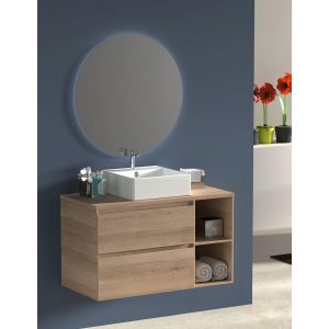Mueble zeus con lavabo y espejo redondo LED roble sinatra 100 cm derecha