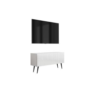 Móvel de tv com fachada estriada, branco fosco, pés inclinados pretos, 100
