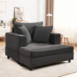 Sofá chaise longue de pana gris con reposapiés almacenaje y 3 cojines