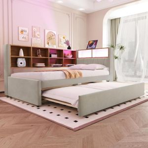 Sofá cama 90x200cm con cama nido 90x190cm, LED, usb c, gris claro