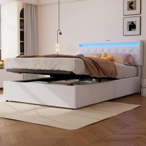 Cama con almacenaje hidráulico LED usb usb-c 140x200cm blanco