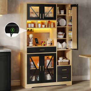 Aparador para cocina con vitrina y 1 cajón negro y natural 185x105x40cm