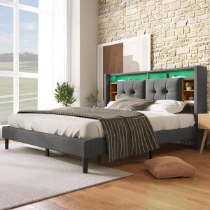 Lit double rembourré avec rangement et matelas 140x200cm gris