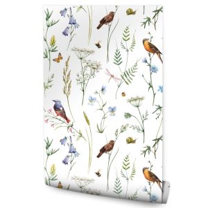 Papel Pintado Aves Flores Hojas Naturaleza Para El Salón 53cm x 10m