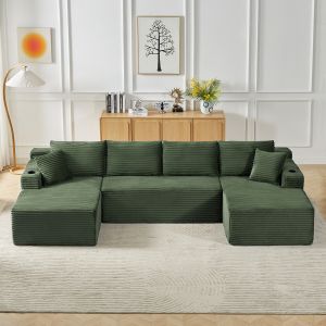 Sofá modular en u de pana verde de 3 piezas sin montaje para salón