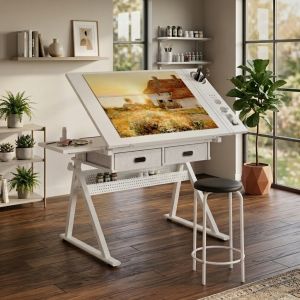 Mesa de dibujo regulable tablero inclinable taburete blanco 69-91cm