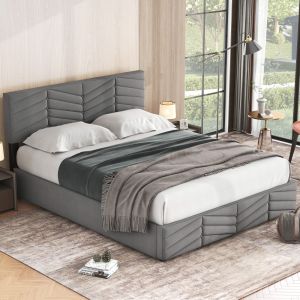 Cama 140x200cm con sistema hidráulico y acabado en terciopelo gris