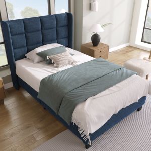 Cama tapizada 90x200cm con cabecero alto y somier lino – azul