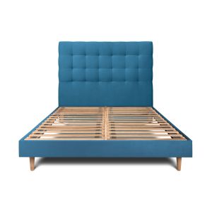 Cama de 135x190 cm con cabecero tapizado - tejido de terciopelo - azul océa