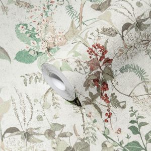A.s. Création papel pintado flores blanco, verde, rojo y beige