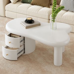 Mesa de centro irregular con 2 cajones blanco 42x97x64cm en mdf para salón
