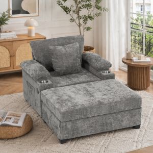 Sillón reclinable de chenilla gris con portavasos y usb