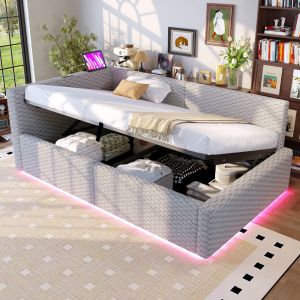 Cama tapizada 90x200cm con LED usb y canapé terciopelo gris