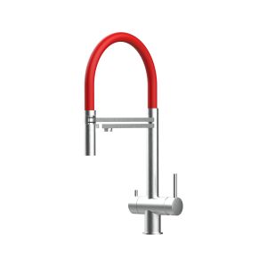Grifo cocina 3 vías acero inox ducha 2 chorros amovible, cepillado / rojo