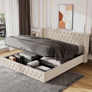 Cama tapizada 140x200cm con canapé hidráulico terciopelo beige