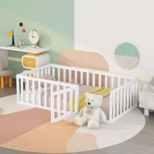 Cama 90x200cm tipo suelo con valla y puerta madera maciza – blanco