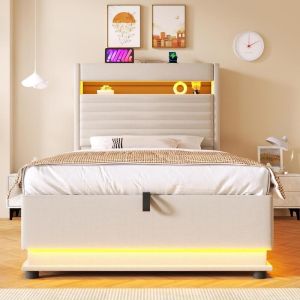 Cama con almacenaje 90x200cm con LED usb type c hidraulica beige