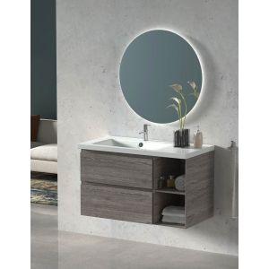 Mueble de baño zeus con lavabo centrado y espejo LED blanco brillo 90 cm