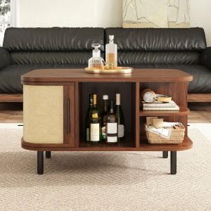 Mesa de centro curva con almacenaje nogal 47x80x60cm