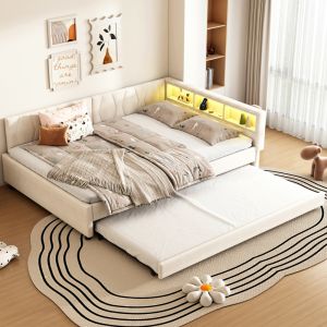 Cama nido 140x200cm con usb, LED y compartimentos lino y mdf – beige
