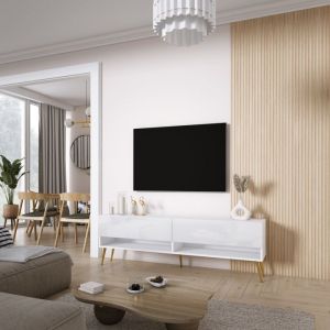 Mueble tv contemporáneo - blanco mate y patas doradas - 170 x 32 x 52 cm