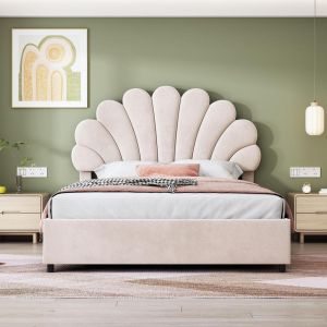 Cama tapizada 140x200 cm, terciopelo beige, cabecero ajustable